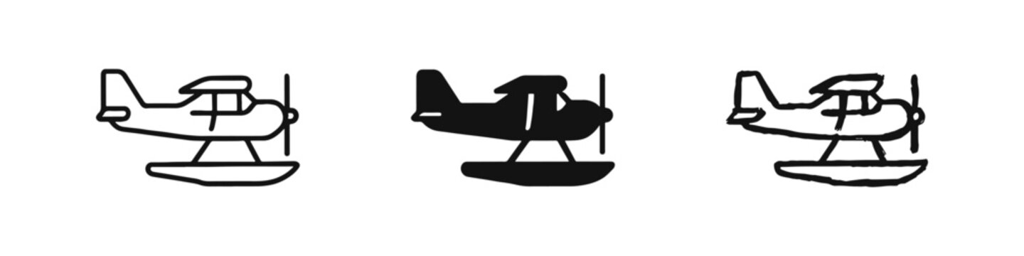 Seaplane Icon Set. Outline, Filled and Hand Drawn Style Floatplane Aircraft Symbol.