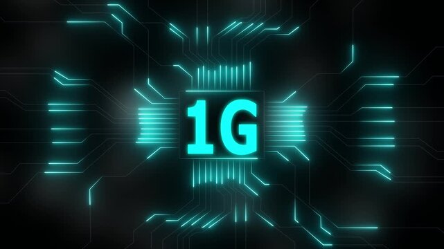 Glowing 1g network lines connecting digital data points on a dark abstract background , Futuristic 1G network visualizes digital data, Glowing lines and circuits enhance global connectivity .