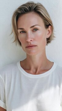 Model posing for a portrait against a white wall in bright lighting during a photo session in an outdoor location