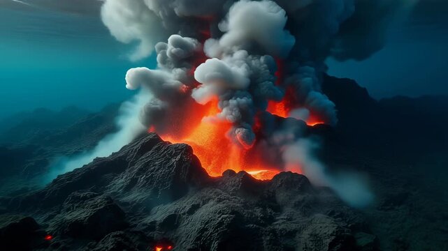 Underwater Volcanic Eruption - Fiery Lava and Ash Plumes in the Deep Sea.