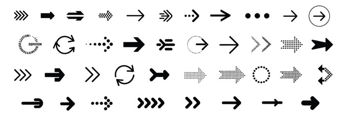Fototapeta premium Collection of diverse arrow icons and symbols in various styles and directions, vector graphic.
