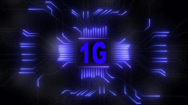 Glowing 1g network lines connecting digital data points on a dark abstract background , Futuristic 1G network visualizes digital data, Glowing lines and circuits enhance global connectivity .
