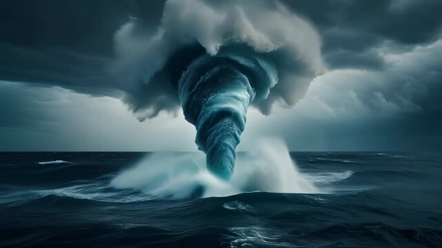 Powerful Waterspout Forms Over Dark Ocean Under Stormy Sky.