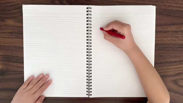 child hands drawing horizontal line in notebook with red pen