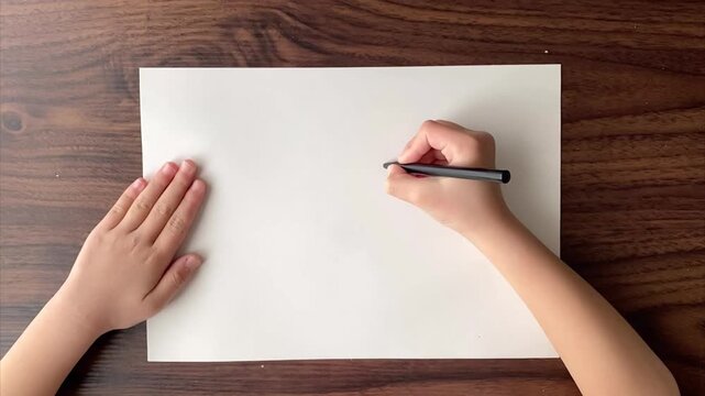 child hands writing number 9 on A4 paper