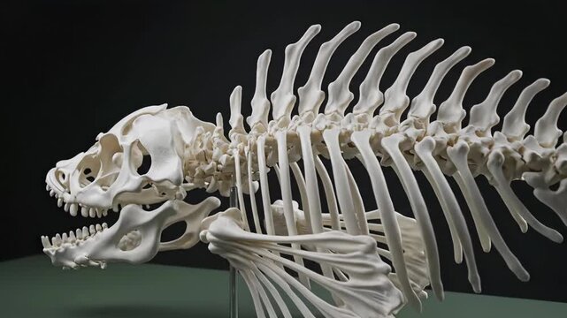 Animal skeleton model displays intricate bone structure of spine and skull. Dark background enhances visual detail and highlights anatomy. Concept of education, biology, veterinary science