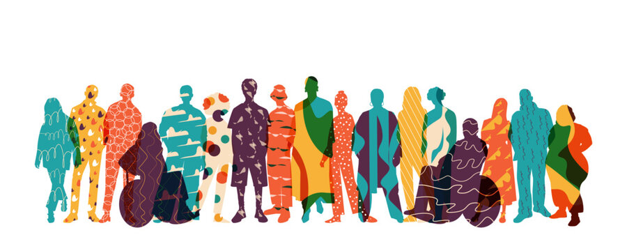 Silhouettes of different people standing together. Modern colorful design. 