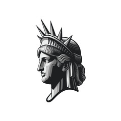 Detailed monochrome illustration of the Statue of Liberty's head in profile, featuring her iconic spiked crown and classical features.