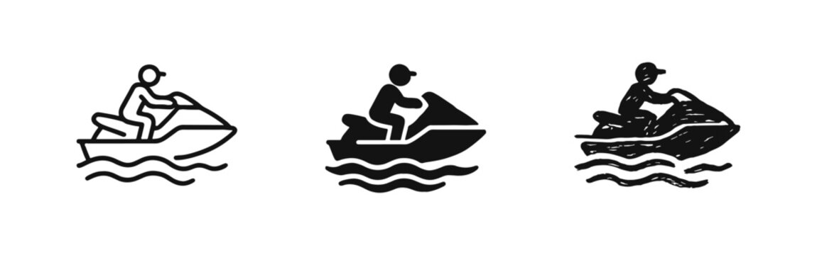 Jet Ski Icon Set. Hand-drawn, outline, and solid flat icons of a person riding a personal watercraft.