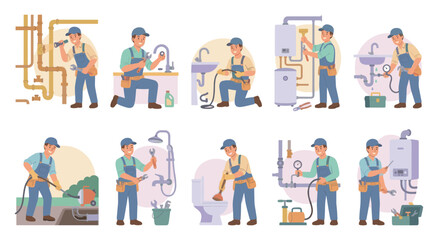 Fototapeta premium A male plumber in blue overalls performs various tasks like fixing pipes, sinks, boilers, and unclogging toilets with tools and equipment.
