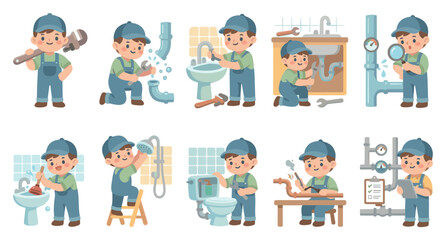 Fototapeta premium A collection of cute cartoon illustrations showing a plumber performing various tasks like fixing pipes, toilets, and sinks with tools and a cheerful attitude.