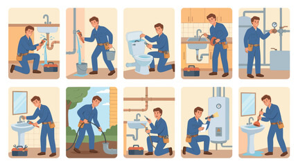 Fototapeta premium A friendly male plumber in blue overalls performs various plumbing tasks including fixing leaky pipes, clearing drains, and inspecting equipment in multiple domestic settings.
