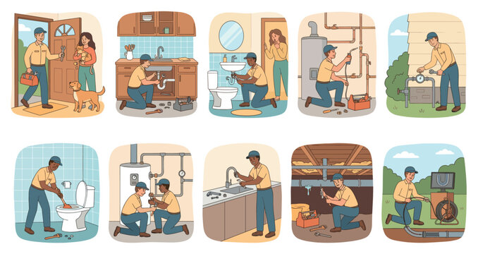 This illustration showcases a versatile plumber performing various repair tasks, including fixing sinks, toilets, water heaters, and outdoor pipes with tools and a camera inspection.