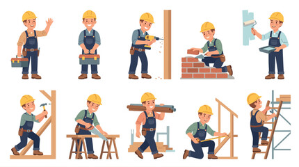 Fototapeta premium A cheerful construction worker in a yellow hard hat and blue overalls is depicted in multiple poses demonstrating different building and renovation activities, including drilling, bricklaying.
