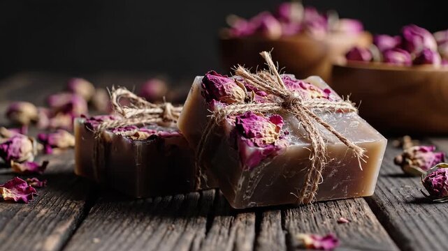 Four handmade soap bars tied with twine sit on a rustic wooden surface scattered with dried rose petals. Setting is warm and inviting. Concept of wellness, natural products, crafting