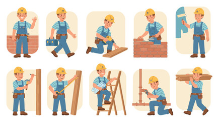 Fototapeta premium A cheerful construction worker in a yellow hard hat demonstrates a series of building and renovation activities with tools and materials.