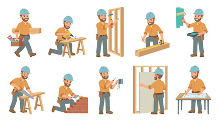 Fototapeta premium A friendly construction worker is depicted in multiple scenes, engaging in carpentry, bricklaying, painting, and blueprint reading to illustrate a range of construction activities.