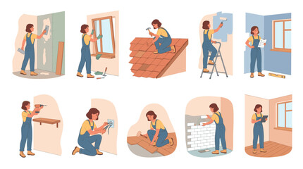 Fototapeta premium A woman is shown performing various home improvement tasks including plastering, installing windows, roofing, painting, electrical work, flooring, tiling, and checking plans.