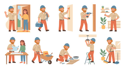 Fototapeta premium A friendly construction worker is shown in multiple scenes performing various home renovation tasks, including greeting a client and installing a light fixture.