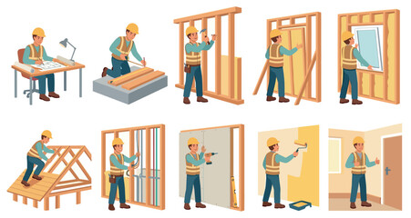 Fototapeta premium A skilled construction worker performs various stages of home building, from planning and framing to painting and completion.