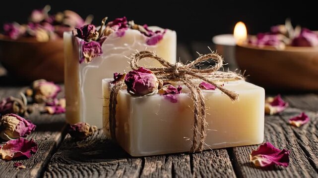 Two soap bars wrapped with twine and dried flowers sit on wooden table. Dim lighting creates inviting atmosphere. Concept of skincare, wellness, home decor