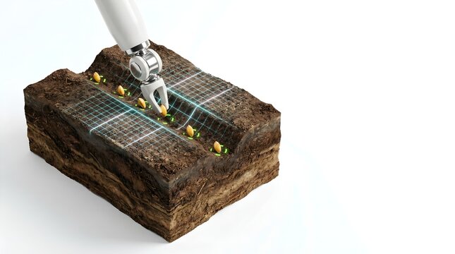 3D isometric robotic planter arm seeding high tech furrow on white