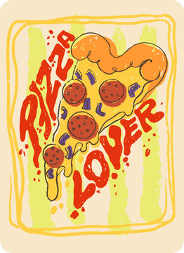 Love Cheese Pepperoni Pizza Retro Style Doodle Poster. Yellow Red Orange Doodle Illustration