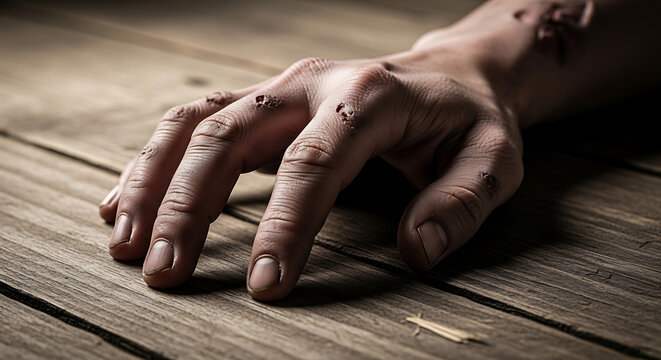 A close-up shot of a human hand with multiple small lesions or marks on the skin, resting on a rustic wooden table.