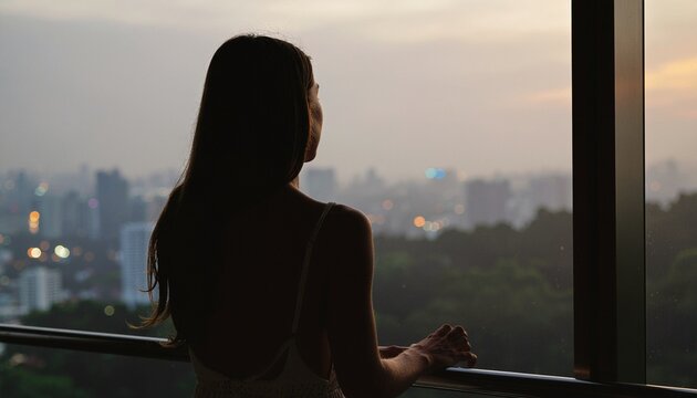 Back view silhouette of a young woman with long dark hair standing at a large floor-to-ceiling window, gazing at a twilight city skyline with bokeh city lights glowing in the soft dusk atmosphere, evo