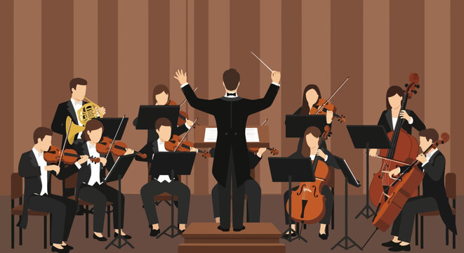 Illustration of a symphony orchestra performing on stage with a conductor leading the musicians.