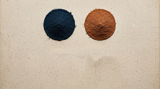 Top down view of natural indigo and soga dye powders for batik on a minimalist beige background