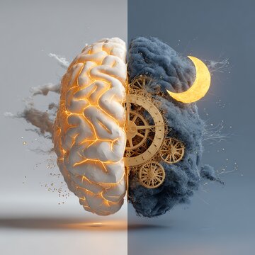 Conceptual split mind with gears and clouds.