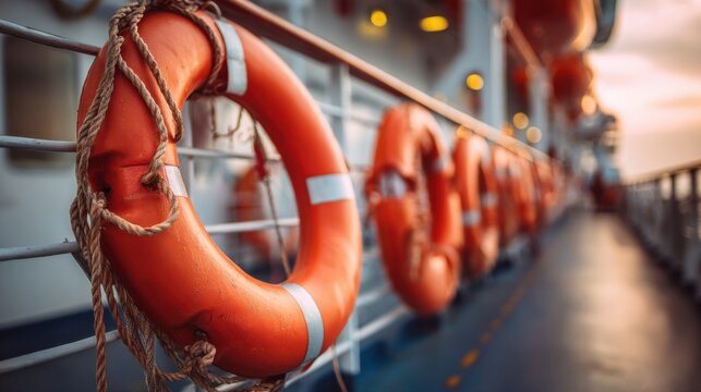 Bright orange life rings hanging on a ship railing over smooth deck at sunset creating a serene maritime atmosphere