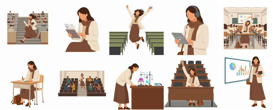 Flat Illustration Various Activities of Female Student in Campus Building Activity