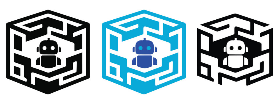 Futuristic AI robot logos featuring a complex hexagonal maze cube, symbolizing intelligent problem solving, deep learning, and advanced technology in three modern color schemes