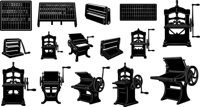 Collection of vintage letterpress printing machine silhouettes and industrial antique press icons for traditional publishing history, mechanical bookbinding craft, and lithography equipment.