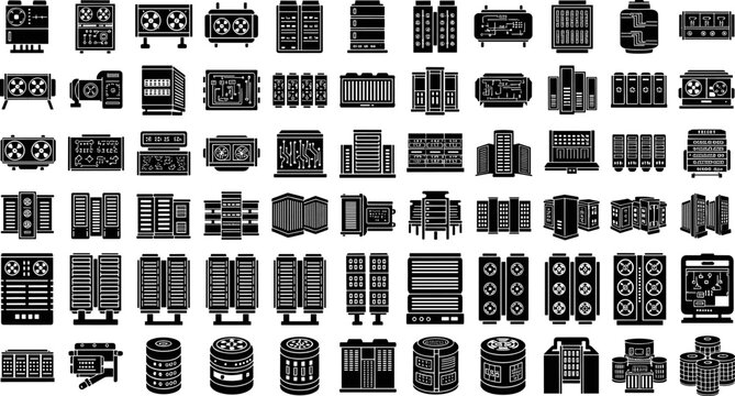 Collection of data center server rack silhouettes, cloud computing hardware icons, network database storage technology symbols, and digital infrastructure equipment vector set for microstock.