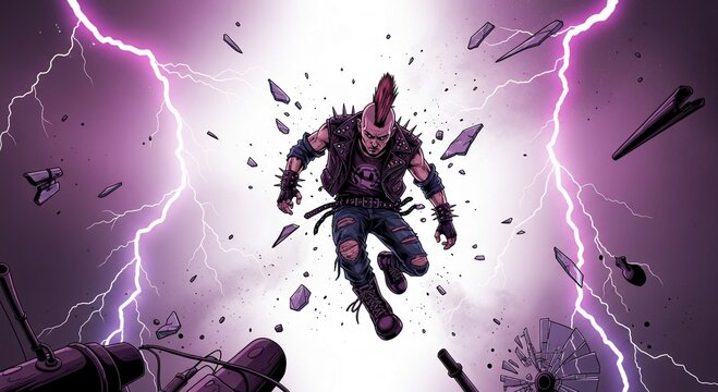 Punk rock character jumping through explosion, mohawk rebel in leather vest with lightning bolts, cinematic purple action scene with debris
