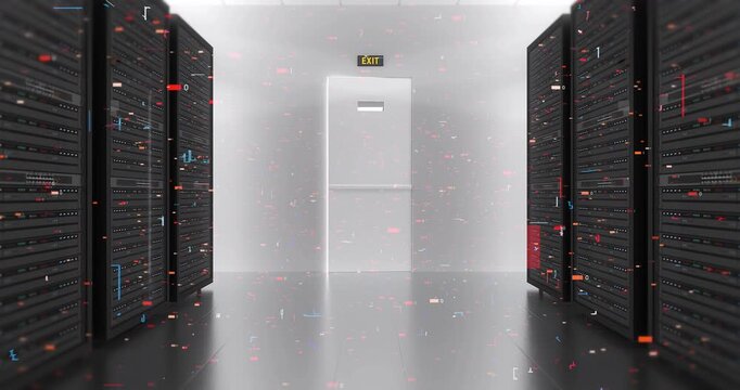 Futuristic AI computing infrastructure with server racks and digital circuits. Technology Related 3D Animation.