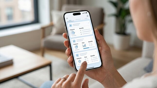 Woman Using Mobile App on iPhone Comparing Features and Benefits