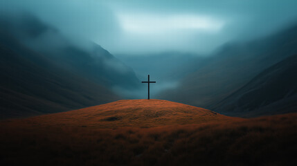 Obraz premium Cross standing alone at the top of a hill at night, dramatic dark sky, quiet and solemn biblical atmosphere, powerful symbol of faith and sacrifice