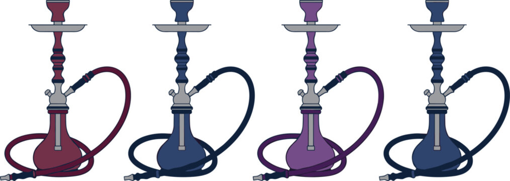 Set of traditional oriental hookah icons in various colors with long pipes and glass bases for lounge bar and shisha cafe vector.