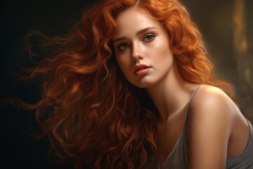 Naklejka premium Beautiful young redheaded woman glancing towards the viewer with luxurious wavy hair on a dark background