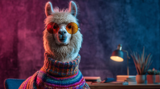 Funny Alpaca Employee Wearing Trendy Knitwear and Sunglasses in Creative Workspace