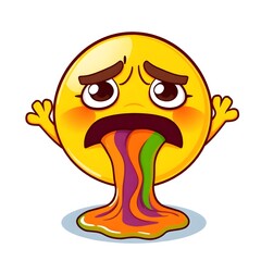 Fototapeta premium Sick yellow emoji vomiting colorful liquid in cartoon style