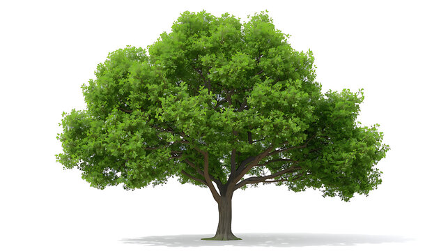 The image is a high-resolution, isolated stock photo of a deciduous tree, frequently identified as a lush green oak tree or sometimes similar species like Irvingia malayana