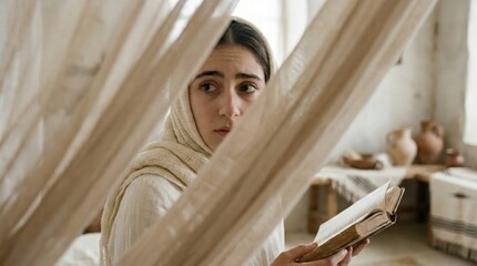 Obraz premium Woman dressed in ancient Middle Eastern attire, holding an old book. Biblical times scene for religious education and spiritual concepts.