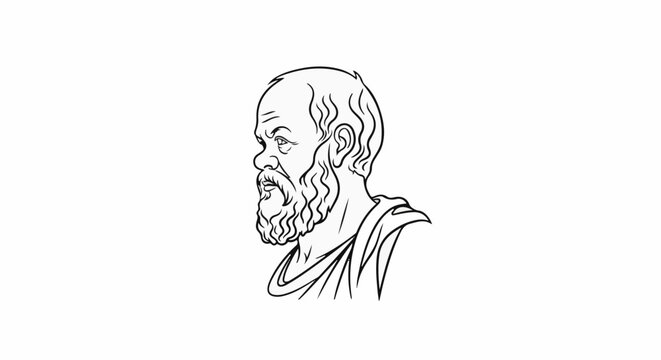 Ancient bearded man's profile in black line art