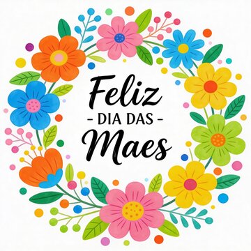 Happy Mother's Day colorful floral wreath with Portuguese text
