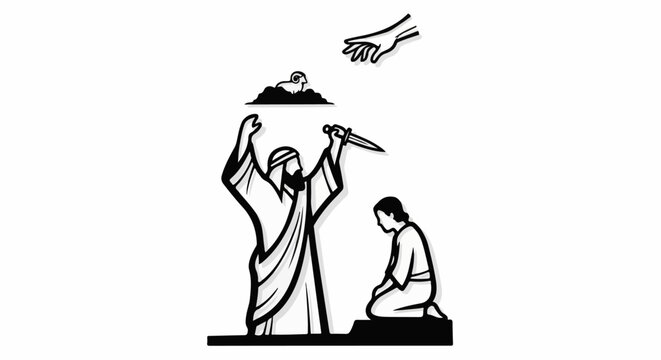 Ancient scene of a man raising a knife over kneeling figure, with a ram and outstretched hand